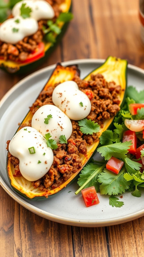 Stuffed zucchini boats with ground beef and mozzarella cheese on a rustic plate.